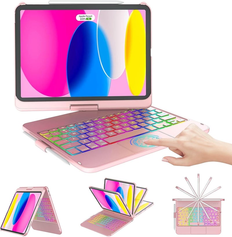 Cc Store for iPad (A16) 11th 10th Generation Case with Keyboard - 7 Color Backlit 360° Swivel Multi-Touch Track Pencil Holde for iPad 11-inch A16 2025 10th Gen 10.9 Inch 2022(Rose Gold) - Image 1